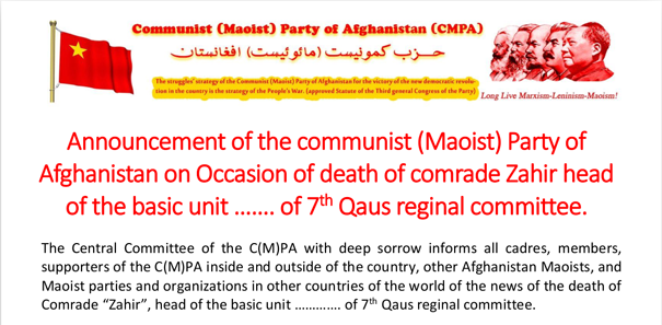 Anuncio del Partido Comunista (Maoísta) de Afganistán con motivo de la muerte del camarada Zahir 1